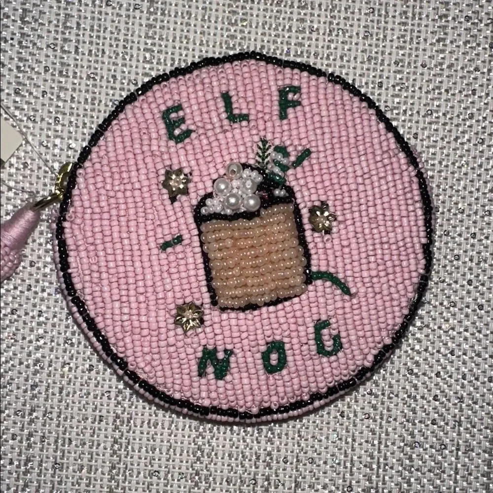 Anthropologie “ELF NOG” Nephthys Illustrated Beaded Disc Round Zip Coin Purse.
